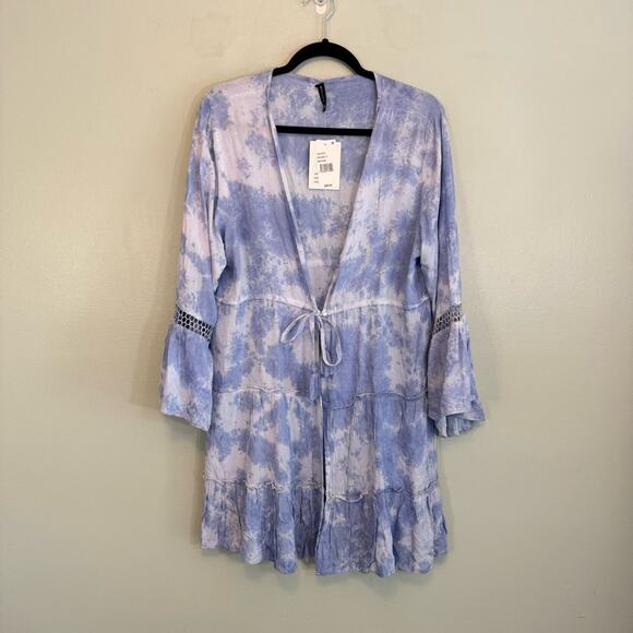 Raviya Women's Blue Tie-Dyed Lace Trim Bell-Sleeve Tiered Cover-Up Medium NWT - Picture 2 of 12